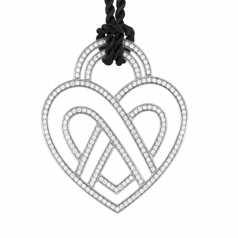 Poiray Large 18K White Gold Diamond Heart Pendant & Black Cord Necklace PPC8952