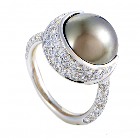 Chanel Womens 18K White Gold Diamond and 13.77mm Black Tahitian Pearl Ring