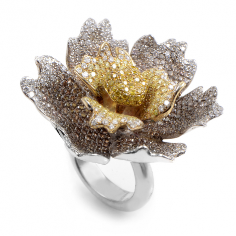 18K White Gold Multi-Gold Brown & Yellow Diamond Flower Ring CRR7932