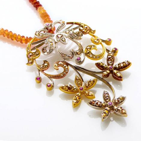 18K Multi Gold and Gem Floral Pendant Necklace