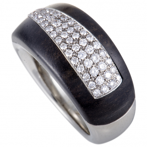 Bucherer 18K White Gold Diamond Pave and Blackwood Band Ring