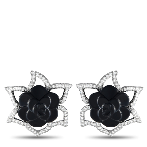 Chanel Camellia 18K White Gold 3.65ct Diamond and Onyx Flower Earrings