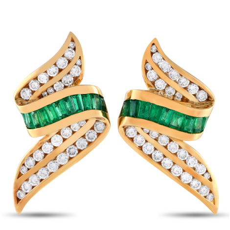 Charles Krypell 18K Yellow Gold 2.50ct Diamond and Emerald Earrings