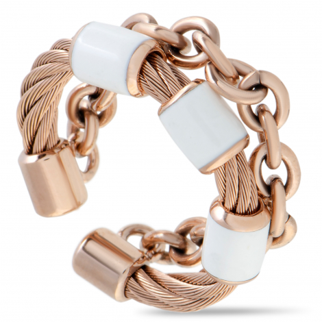 Charriol St. Tropez Stainless Steel and Pink PVD White Enamel Cable and Chain Band Ring