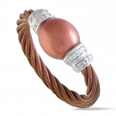 Charriol Pearl Stainless Steel Bronze PVD Brown Pearl and White Cubic Zirconia Cable Ring