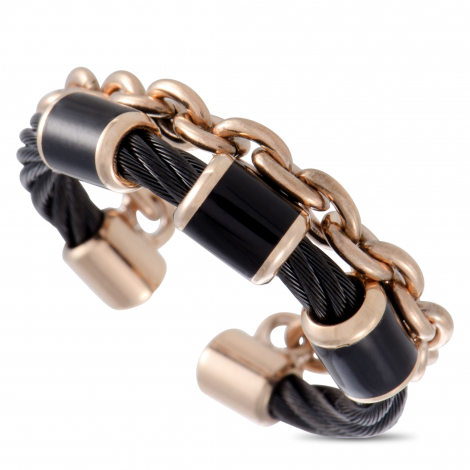 Charriol St. Tropez Stainless Steel Pink and Black PVD Black Enamel Cable and Chain Band Ring