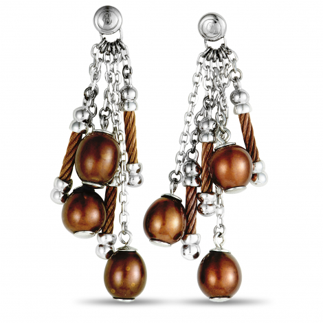 Charriol Pearl Stainless Steel and Bronze PVD Brown Pearls Dangle Push Back Earrings