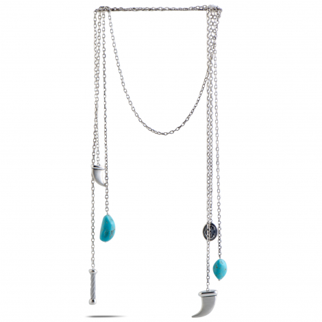 Charriol Kucha Stainless Steel Two Turquoise and Horn Pendants Open Ended Necklace