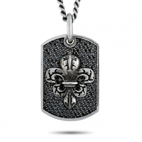 King Baby Silver and Black Diamond Small Fleur-de-Lis Relic Dog Tag Pendant Necklace