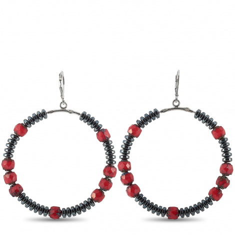 King Baby Silver Hematite and Czech Glass Bead Hoop Earrings