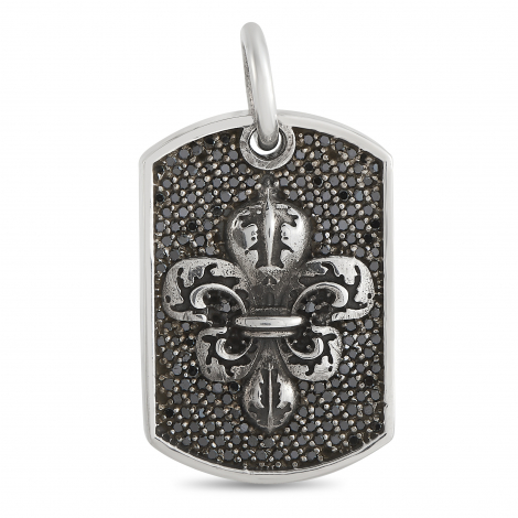 King Baby Silver and Black Diamond Fleur-de-Lis Relic Dog Tag Pendant 