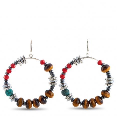 King Baby Silver Ceramic, Hematite and Czech Glass Bead Hoop Earrings