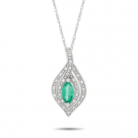 LB Exclusive 14K White Gold 0.08ct Diamond and Emerald Necklace 