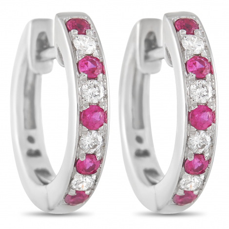 LB Exclusive 14K White Gold 0.15 ct Diamond 0.25 ct Ruby Hoop Earrings