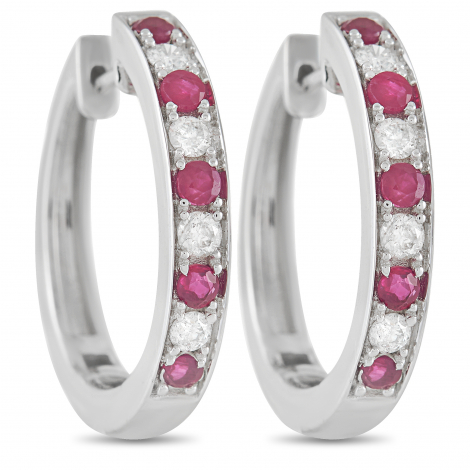 LB Exclusive 14K White Gold 0.25 ct Diamond and 0.42 ct Ruby Hoop Earrings