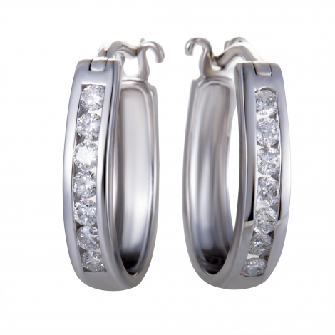 14K White Gold Oval Channel Set Diamond Hoop Huggies Earrings .33 Carat (0.33 ctw) Diamonds