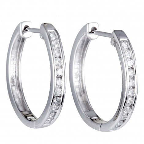 14K White Gold Diamond Round Hoop Earrings