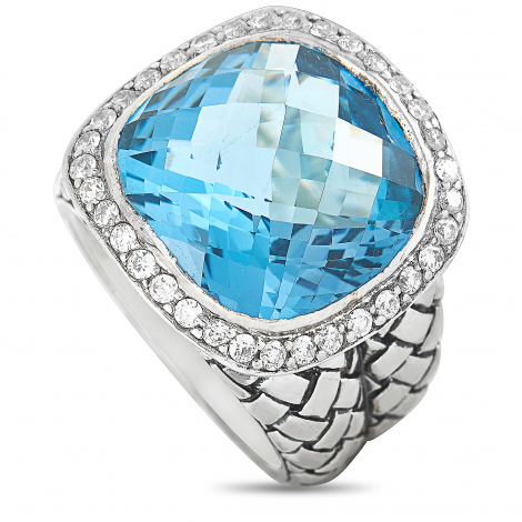 Scott Kay Sterling Silver Diamond and Blue Topaz Large Dome Ring