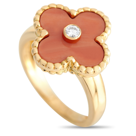 Van Cleef & Arpels Vintage Alhambra 18K Yellow Gold Diamond and Coral Ring