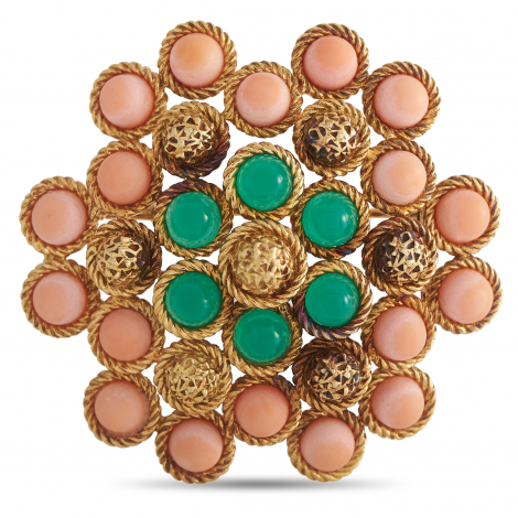 Van Cleef & Arpels 18K Yellow Gold Coral and Chrysoprase Brooch